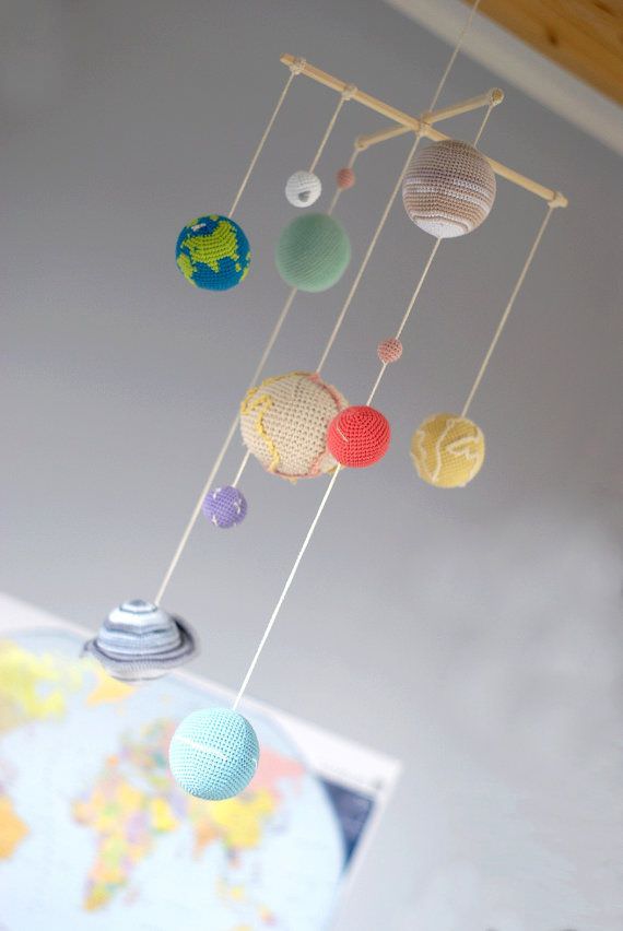 آویز دکوری با طرح سیاره های منظومه شمسی که برای دکور سقف اتاق کودک استفاده شده است